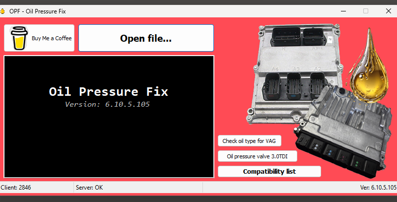 Oil Pressure Fix 6.10.5.105 main window for ECU oil pressure calibration